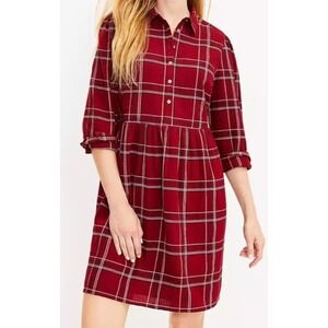 LOFT Plaid Shirt Dress 3/4 Sleeve Casual Career Burgundy XS‎ Petite NWT